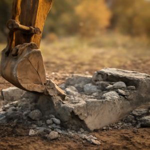 Этапы разрушения ленточного фундамента экскаватором